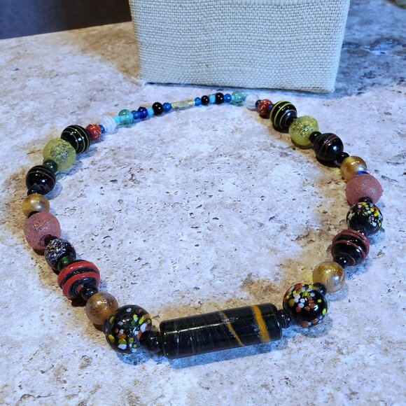 India Artisan Vintage 90s Glass Beads Black Multi Necklace OOAK Style F - Picture 10 of 14